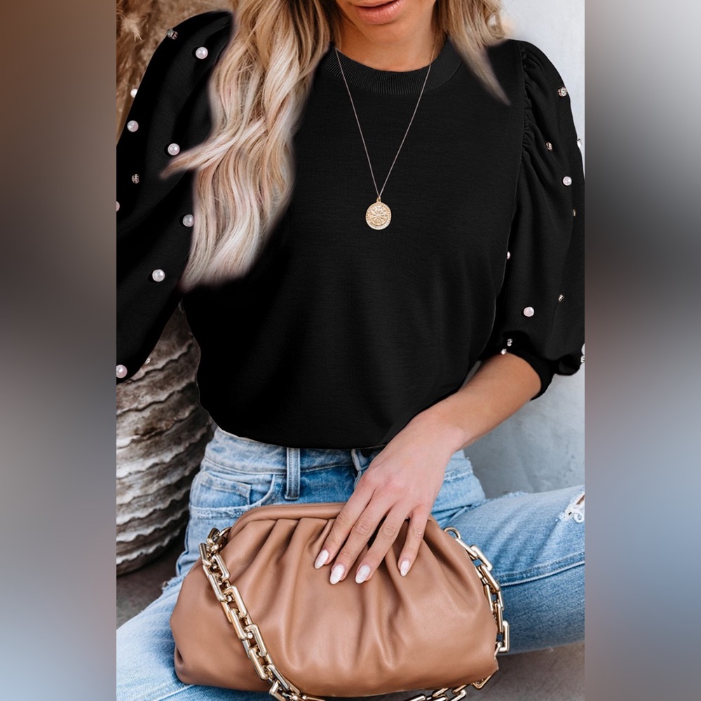 Black Rhinestone Pearl Puff Half Sleeve Top